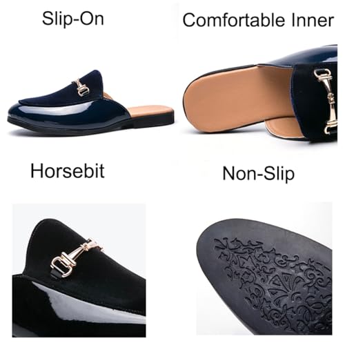 Mens Fashion Patent Leather Velvet Slip-On Horsebit Smoking Slippers Lightweight Breathable Non-Slip Backless Dress Loafers for Luxury Dress Wedding Party Prom Shoes2