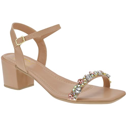 Sandália Feminina de Pedraria Linda Salto Bloco Fivela com Ajuste Strass Bico Quadrado 030-100 (Nude