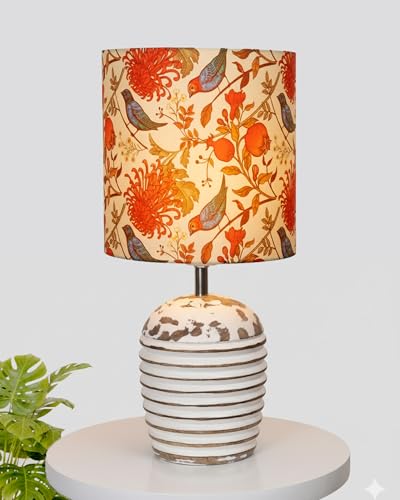 Image of Homesake Decorative Wooden Table Lamp for Living Room with E27 Holder|Bulb Included|Bedside Night Lamp, Table Lamp for Bedroom, Office |Ribbed Basket Design Home Decor Table Light, Birds Drum Shade
