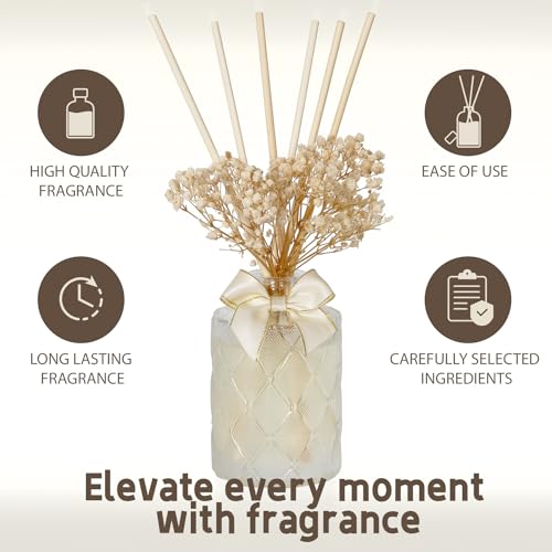 UCC Premium Reed Diffuser Set with Preserved Flower Reed Sticks, 6.76 fl oz Creamy Vanilla Scented Room Diffuser Home Fragrance Essential Oil Reed Diffuser for Bedroom Bathroom Home Décor Office