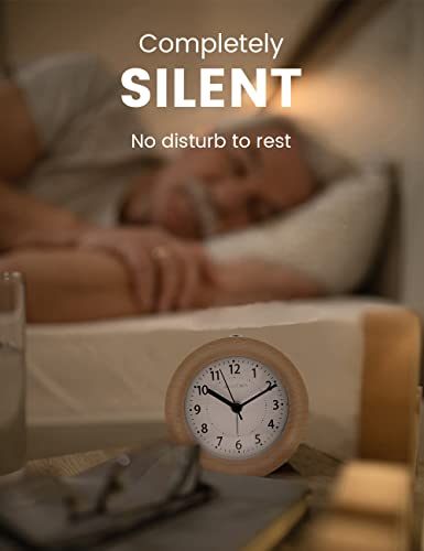 aboveClock Alarm Clock Bedside, No Ticking Bedside Clock with Snooze and Night Light Function, Analogue Clock Battery Powered for Bedroom, Home, Kitchen, Travel, Natural Wood - Image 4