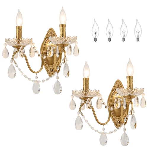 Image of Crystal Wall Sconce Set of 2, Crystal wall sconces, Vintage wall sconces, Gold Brass Finish with Glass Drops, for Bedroom Living Room Bathroom Vanity Mirror Light Fixtures