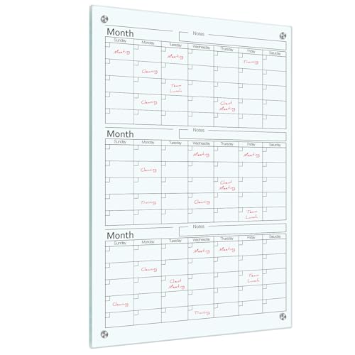 Kritkin Glass Whiteboard Calendar Dry-Erase White Board Planner Glass Large Wall Mounted Calendar with Marker Tray for Wall Home or Office(Transparent,36