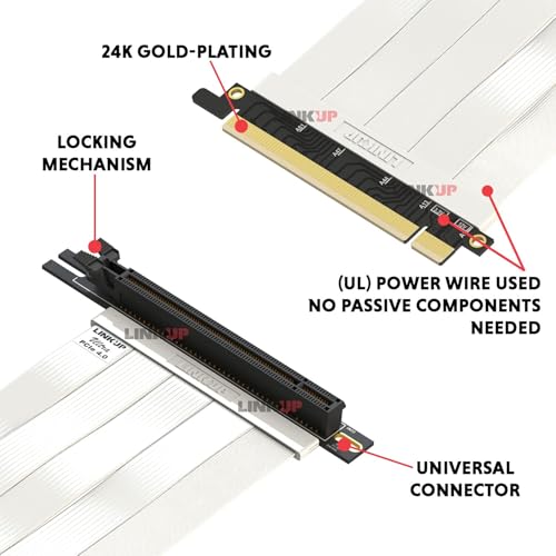 Image of LINKUP - Ultra PCIe 4.0 X16 Riser Cable (Reconditioned) [RTX4090 RX6950XT x570 B550 Z690 Tested] Vertical Mount Gaming PCI Express Gen4┃Universal 90 Degree Socket (20cm /7.8 inch) Gen 3.0 Compatible┃White