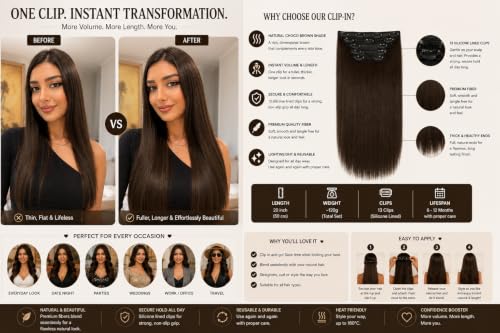 Image of Salon-Grade Clip-in Hair Extensions for Women, Imported Synthetic Hair, 6 PCS with 13 Secure Clips, Instant Volume, Natural Blend, Reusable Hair Volumizer (Choco Brown, Straight)
