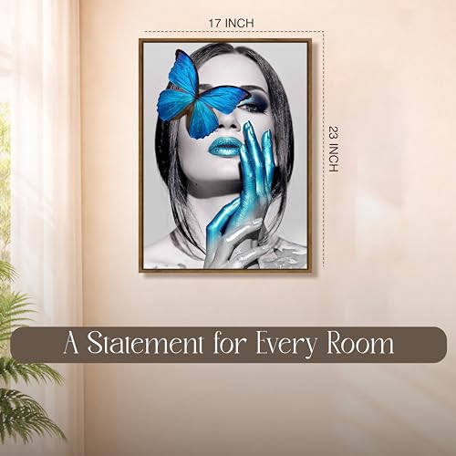 Image of Woman Portrait Pop Framed Canvas Painting For Living Room | Modern Butterfly Abstract Wall Art For Livingroom Wall Decor, Home Decor, Bedroom, Hallway's, Office, Hotel - 43x58 cm