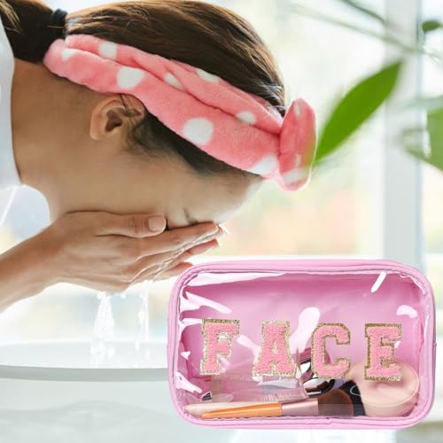 4Pcs Storage Bag for Skin Face Hair Stuff with Chenille Letter,Transparent PVC,Waterproof Nylon,Cosmetic Bag Makeup Pouch with Zipper(Light Green, Purple, Pink, Khaki)2