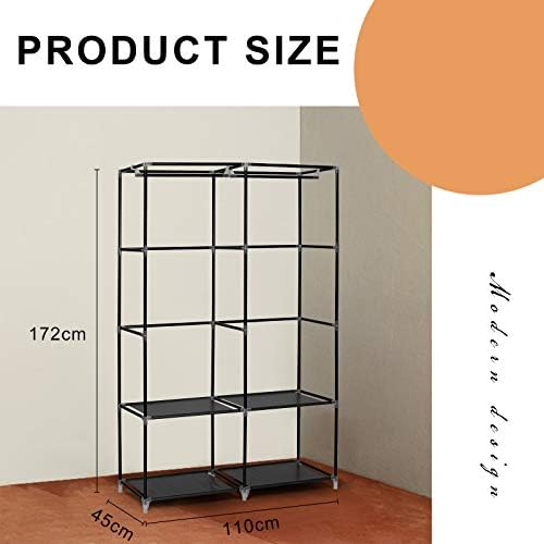 Hododou Canvas Wardrobe Portable Closet Storage Organizer with 2 Hanging Rail for Clothes, Bags, Toys, Shoes, Living Room, Bedroom 172 x 110 x 45CM