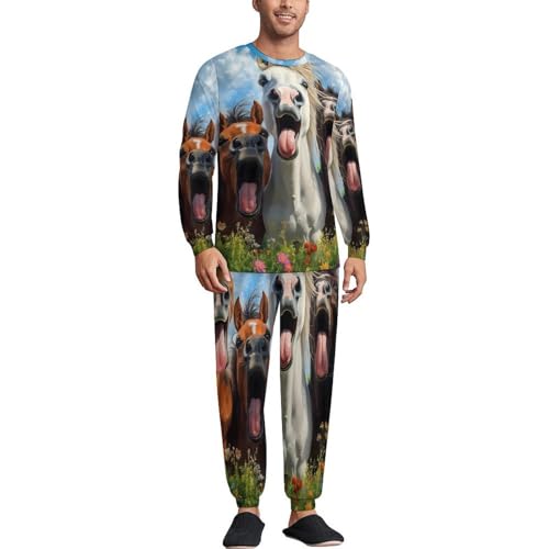 Funny Horse Men’s Pajama Set Long Sleeve Top And Pants Loungewear Sleepwear Pjs Nightwear
