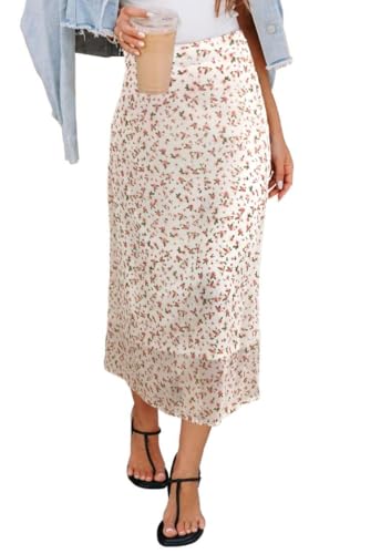 HERBATOMIA Women’s Long Floral Print Skirt Zipper High Elastic Waist Summer Casual Trendy Midi Skirts for Women