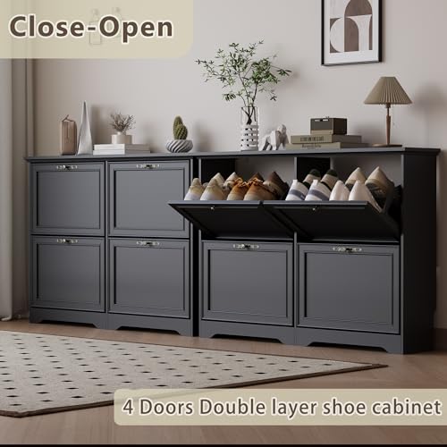Large Shoe Cabinet for Entryway, 4 Flip Drawer Organizer with Adjustable Shelves, Wooden Slim Shoe Storage Cabinet and Rack for Closet, Hallway, Foyer4