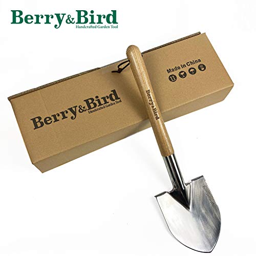 Berry&Bird Short Hand Shovel, 19.8’’ Digging Trowel For Gardening With Wood Handle Stainless Steel Round Point Spade Shovel With Serrated For Cutting, Transplanting & Weeding #TOP6