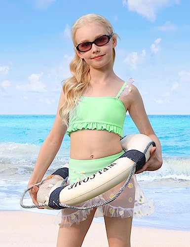 Girls Swimsuit Girls Bathing Suit 2 Piece Swimsuit Swimsuit For Girls 10 12 Daisy Print Bathing Suit Mesh Ruffle Trim Bikinis Tankini Sets Swimwear With Cover Up Skirt 11-12 Years Green #TOP2