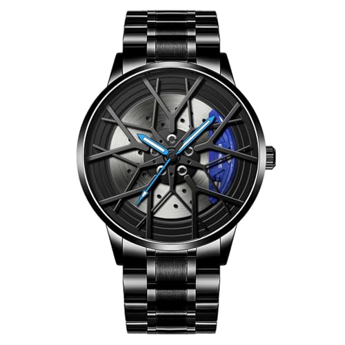 JOATVEE Relojes para Hombres, Impermeable de Acero Inoxidable Japonés de Cuarzo de Pulsera Relojes de los Hombres Deportes con Llanta Rueda Auto Hub Diseño para los Hombres Coche Entusiasta, turquesa,