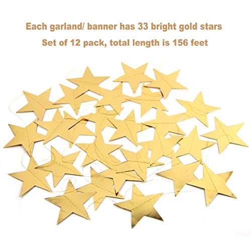 Gold Star Garland Banner Decorations - 156 Feet Bright Gold Paper Garland Hanging Decorations, Glitter Gold Star Bunting Banner For Wedding, Birthday, Holiday, Christmas Party #TOP1