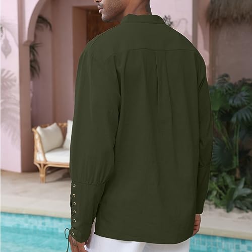 Image of CTU Men's Cotton Shirt Pirate Shirt Medieval Viking Renaissance Costume | V-Neck,Drawstring Collar,Linen Tunic,Ren Faire,Plus Size,Goth,Big and Tall,Halloween