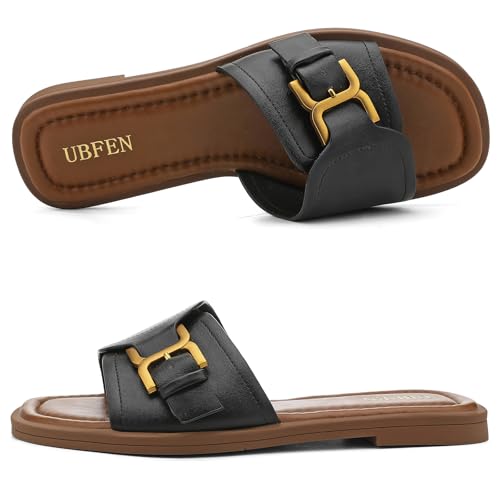Image of UBFEN Womens Square Toe Flat Sandals Slides Dressy Comfortable for Beach