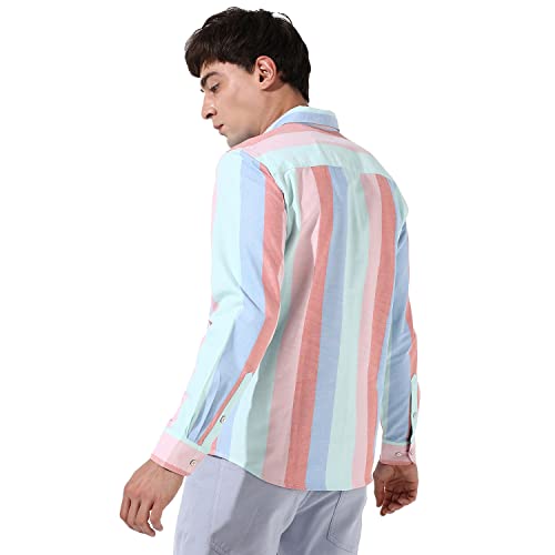 Image of CAHOOT Mens Multicolour Roman Striped Button Up Regular Fit Shirt for Casual Wear Cotton Spread Collar Crafted with Sleeve Comfort and High Performance Everyday