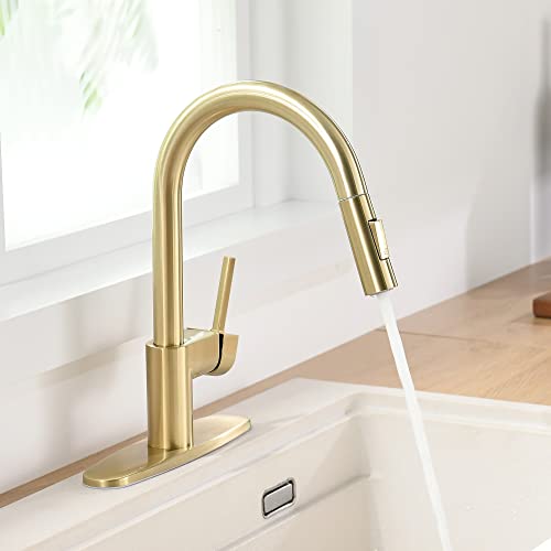 Fropo Gold Kitchen Faucet With Pull Down Sprayer - Modern Single Handle Pull Down Kitchen Sink Faucet With Deck Plate | Commercial Kitchen Faucet For 1 & 3 Hole Stainless Steel Brushed Gold #TOP5