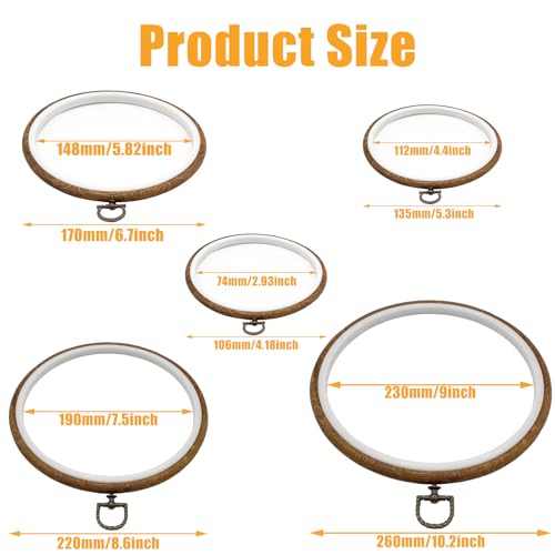 Image of Auvotuis 5Pcs Round Embroidery Hoop Set Imitated Wood Cross Stitch Hoop, Circle Display Frame for DIY Christmas Ornament, Art Craft Sewing (3 inch+4.33 inch+5.7 inch+7.5 inch+9 inch)