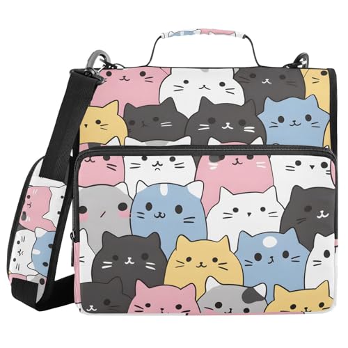 Image of 3 Ring Zipper Binder with Shoulder Strap Cats Cute Animal 1.5 inch Binders Keeper Large Capacity Multi Pockets for School Office Supplies