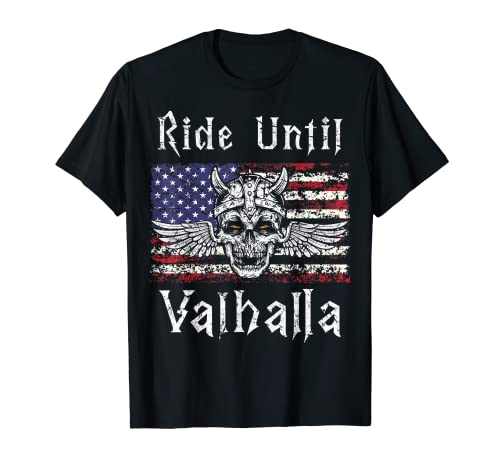 Ride Until Valhalla Norse Viking Biker Motorcycle USA Flag Camiseta