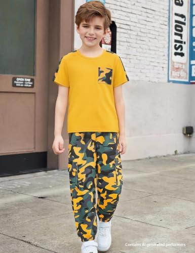 Image of mksodopy Boys Clothes Outfits Set, Camo Cargo Pants and Short Sleeve Pocket Tee 2PC Summer Tracksuit for Kids 5-16Y