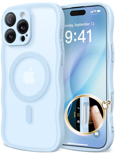 CAPRARO for iPhone 16 Pro Case for Women Girls, Upgraded [Full Camera Protection] [Compatible with MagSafe] Cute Wave Translucent Matte Phone Case for iPhone 16 Pro, Light Blue