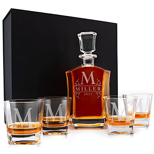 Personalized Whiskey Decanter Set - 9 Design Options - 5 Pc Customizable Crystal Liquor Decanter with Glass Stopper (720ml) & 4 Whiskey Glasses (270ml)
