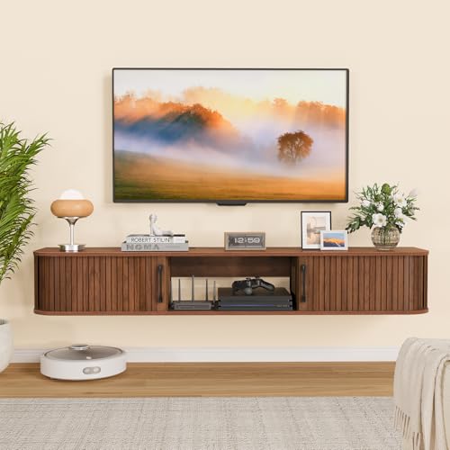Snughome 55 Floating TV Stand for TVs up to 65 Fluted Floating Entertainment Center with Sliding Door Wall Mounted TV Shelf Mid-Century Modern TV Console for Living Room Bedroom