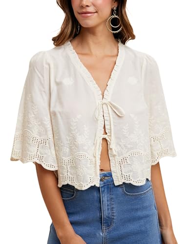 Esmeling Women’s Floral Embroidery Short Sleeves Shirt V Neck Summer Scallop Edge Bow Tie Front Blouse