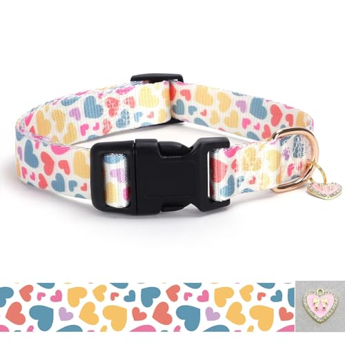 Image of Love Pattern Dog Collar with Buckle Adjustable Safety Nylon Collars for Small Medium Large Dogs, Cute Stylish Girl Boy Christmas Dog Collar （White Heart,S