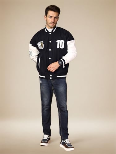 Image of CHKOKKO Men's Oversized Varsity Jacket with Snap Button Closure and Patch Design Trendy Comfortable Outerwear for College Travel and Casual Wear