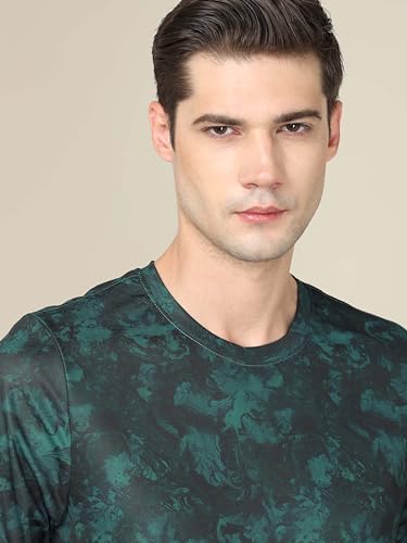 Image of TECHNOSPORT Men's Polyester Slim Fit All Over Print Crew Neck Half Sleeve T-Shirt with Technocool+,SPF50+ and Quick Dry
