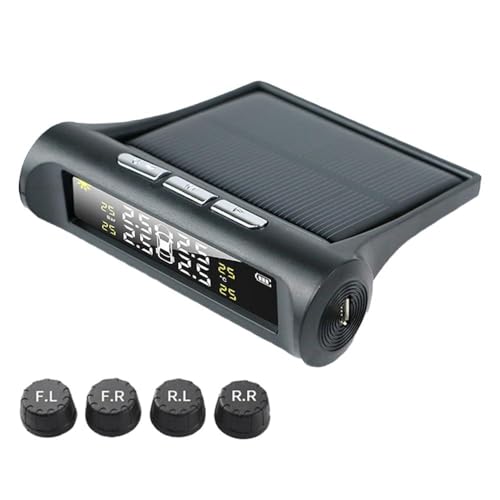 Yonynn Solar Powered Tire Pressure Monitoring System TPMS with 4 External Sensors, 5 Alarm Modes, LCD Real-Time Display, Auto Sleep & Wake-Up, Universal for Car SUV RV MPV (4 Sensors)