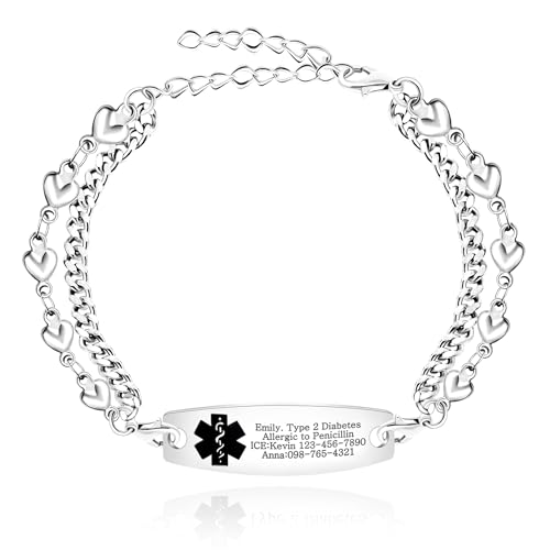 Mayfaith Custom Engraved Disease Personalized Detachable Medical Durable Life-Saving Bracelet | Red Cross Emergency Alert Jewelry | Fashion Personalized Waterproof Medical Cuban Link Bracelets