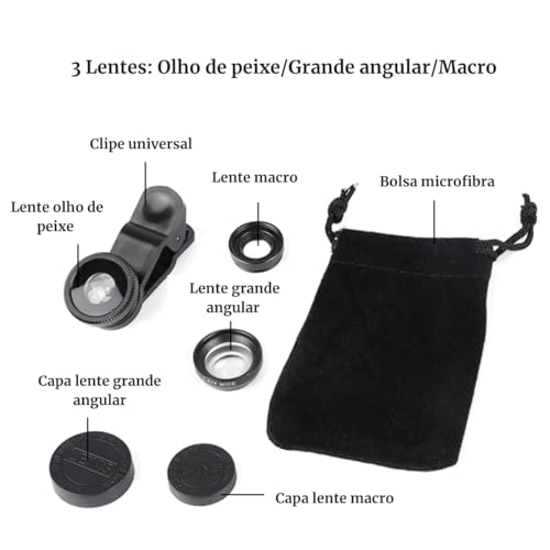Kit Lentes para Celular Smartphone 3 em 1 Universal Ipad Tablet Laptop Clipe com Lente Grande Angula