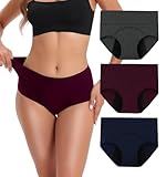 INNERSY Womens High Waisted Period Underwear Menstrual Leakproof Cotton Panties 3 Pack(Medium, Dark Red&Navy&Gray)