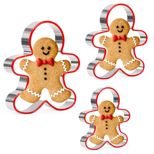 Set di formine per biscotti a forma di omino di pan di zenzero, 3 PCS, set di formine per biscotti a forma di omino di pan di zenzero in acciaio inox, con bordo in PVC ambientale rosso, formine per