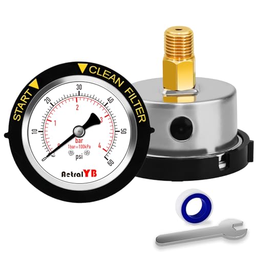 AetralYB 60PSI Pool Filter Pressure Gauge 2 inches Dial 1/4 NPT Back Mount 304Stainless Steel Case IP67 Waterproof Clean Filter Indicator for Swimming Water Pump Spa Aquarium Pressure Test