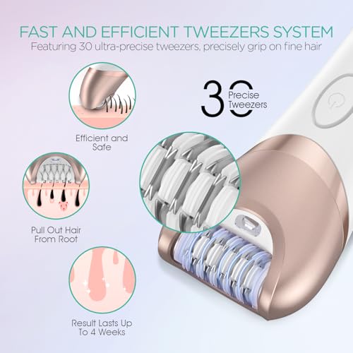VOYOR Epilator for Women Cordless & Rechargeable, Epilator Hair Removal with 30 Tweezers,3 in 1 Epilators with Electric Lady Shaver and Foot File,Hair Removal Device for Arm Leg BM300 (Champagne Gold) - Image 2