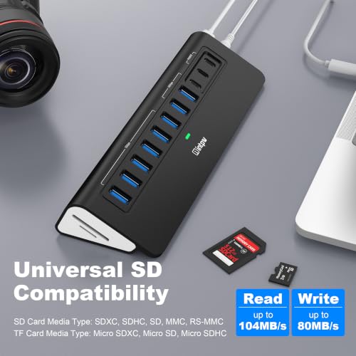 Image of Powered USB Hub 10Gbps, Intpw YH9AC Plus 13-Port USB 3.2 Hub(USB A /USB C 3.2+6 USB-A 3.0+2 PD 45W Fast Charging Ports+SD /TF Card Reader), 65W Power Adapter,Aluminum USB HUB for PC,Laptop,iPhone 17 /16