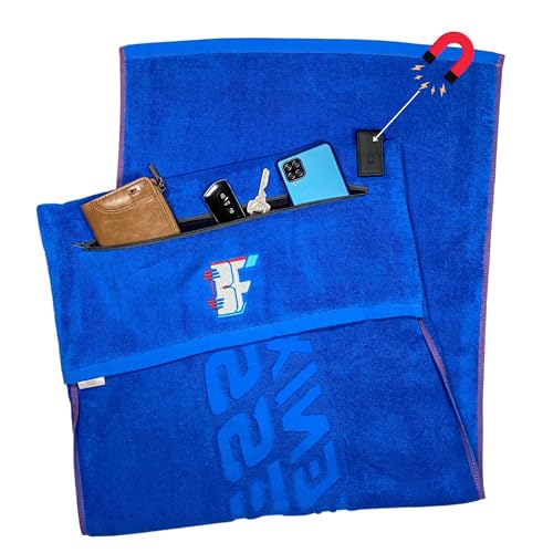 Bengenix Fitness Zip Pocket Gym Towel in Blue for men and women. Magnetic Loop, Soft Sweat Absorbent 100% Cotton 100/50cm