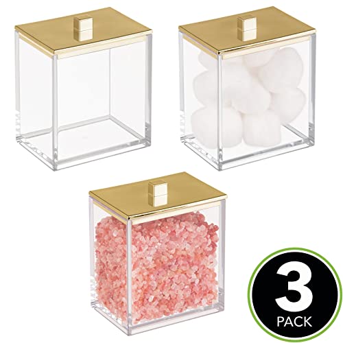 Mdesign Plastic Rectangle Apothecary Canister - Organizer For Bathroom Vanity Countertop Shelf Decor - Holds Cotton Swabs, Soap, Makeup, Bath Salts - Lumiere Collection - 3 Pack - Clear/Soft Brass #TOP1