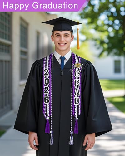 Image of Yigney Graduation Lei Set Class of 2026 Grad Ribbon Leis with Honor Cord Double Braided Graduate Leis for Men Women Purple Black White