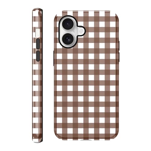 Coalbooliy Coques pour iPhone 16 6,1'' Plaid Motif, 2 in 1 Étui Aesthetic Filles Femmes Marron Print Design Case Silicone Housse Antichoc Bumper Protection Cover, 03