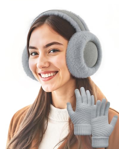 Senker Fashion Ear Muffs for Winter Women W/Screen Touch Gloves Set, Foldable Fuzzy Earmuffs Faux Fur Warmer Covers Outdoor