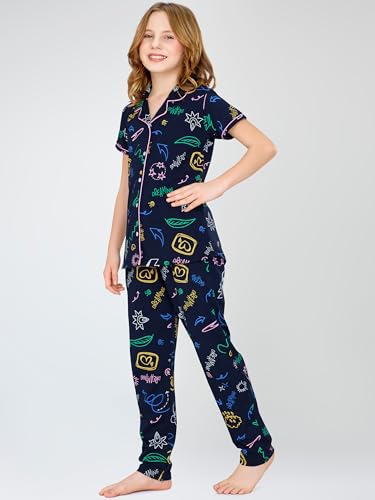 Image of ZEYO Night Suit for Girl's Printed Cotton Night Dress of Shirt and Joggers Set 5532