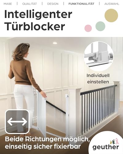 Geuther Türschutzgitter Easylock Flatstep Weiß I Treppenschutzgitter zum Klemmen oder Bohren I Breite 90-97 cm I Türschutz für Ihr Baby & Haustier I Kinderschutzgitter beidseitig öffnend
