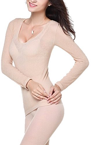 Warmword Sexy Seamless Scoop Neck Super Thin Thermal Base Layer Set Top and Bottom (Nude)